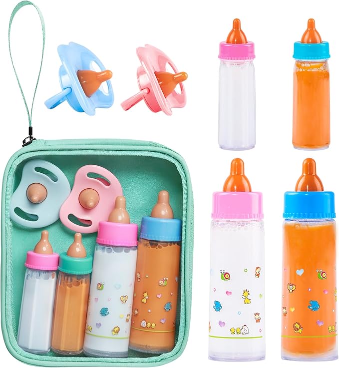 SCOM Baby Doll Bottle Accessories - 6 Pcs Feeding Bottle Toys, Magic Disappearing Milk & Juice, Pretend Play Set with Pacifiers Kids Gift Light Green