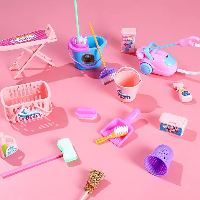 ONEST 18 Pieces Doll Housework Cleaning Supplies Miniature Mini Dollhouse Accessories Dollhouse Furniture Decoration Accessories for Dolls Pretend Play