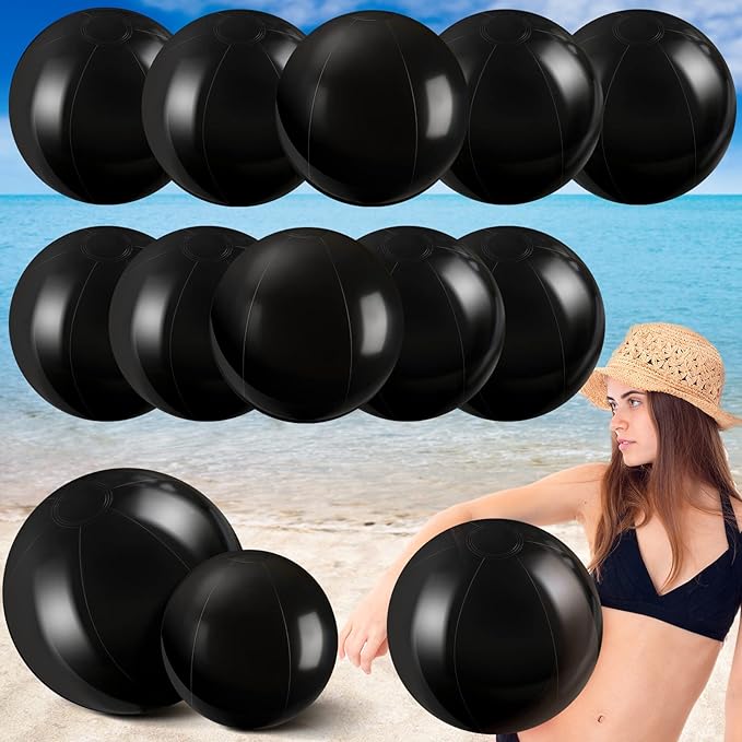 Sinmoe 12 Pieces Large gaint Inflatable White Beach Ball Bulk Solid Swimming Pool Floating Blow up Ball DIY Paint Craft for Boys Girls Hawaii Luau Birthday Beach Summer Party(16 Inch, 24 Inch,Black)