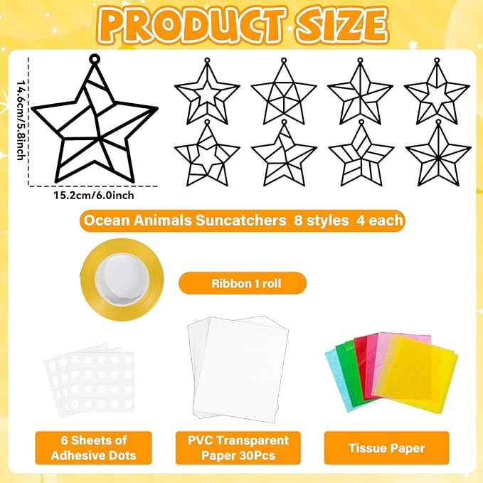 QOUBAI 32 Sets Stars Suncatchers Craft Back to School DIY Stained Glass Window Patriotic 4th of July Paper Craft Home School Classroom Decor Kid Birthday Gift Creative Art Activity Game