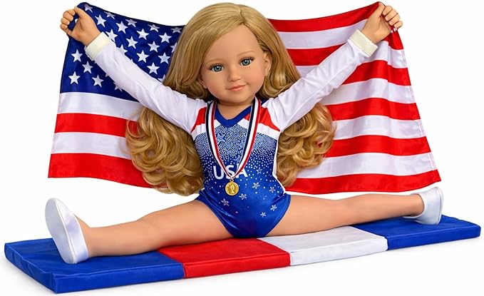 18 Inch Doll Gymnastics Outfit, American Flag, Wrist Guards, Shoes & Mat – Fits Kennedy and Friends® – USA Leotard Patriotic Doll Clothes & Accessories