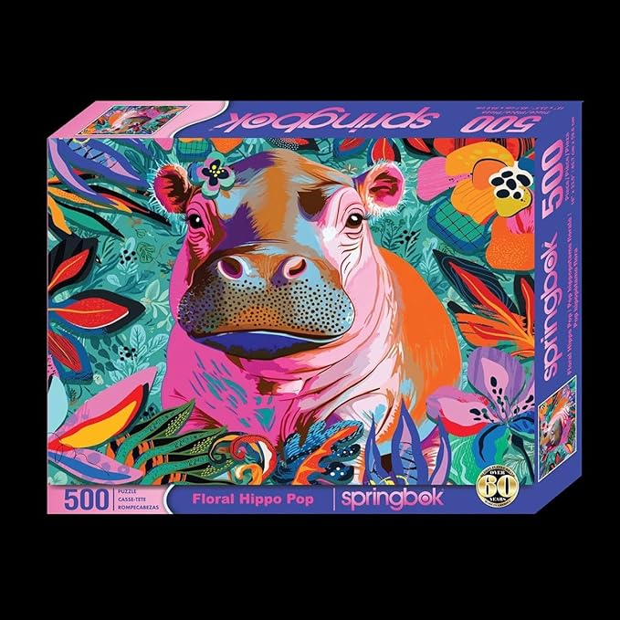 Springbok Floral Hippo Pop 500 Piece Jigsaw Puzzle for Adults and Family - Colorful Pygmy Hippo - Unique Cut Pieces - Made in USA