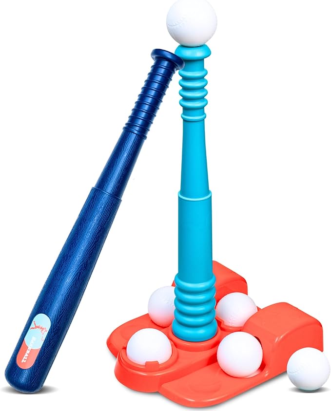 T Ball Stand for Kids and Toddlers 3-5, 5-8. Baseball Set Includes 6 Large Balls, an Adjustable Tball Batting Tee, and a Storage Net. Kids Bat & Teeball, T-Ball Sets for Kids