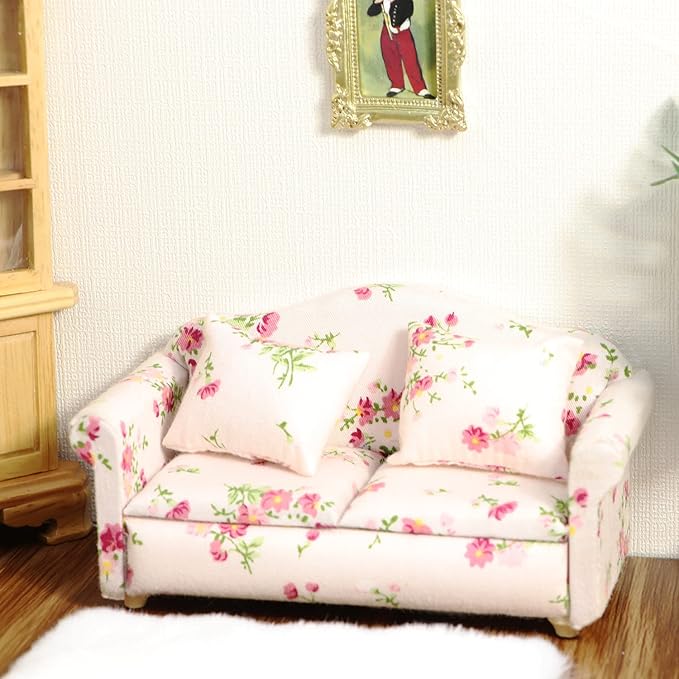 Dollhouse Couch Miniature Sofa with Pillows Dollhouse Living Room Funiture 1:12 Scale Model 3 Pcs High Simulation Upholstered Wooden Fabric Armchair Mini Room Artificial House Scene Decoration (Pink)