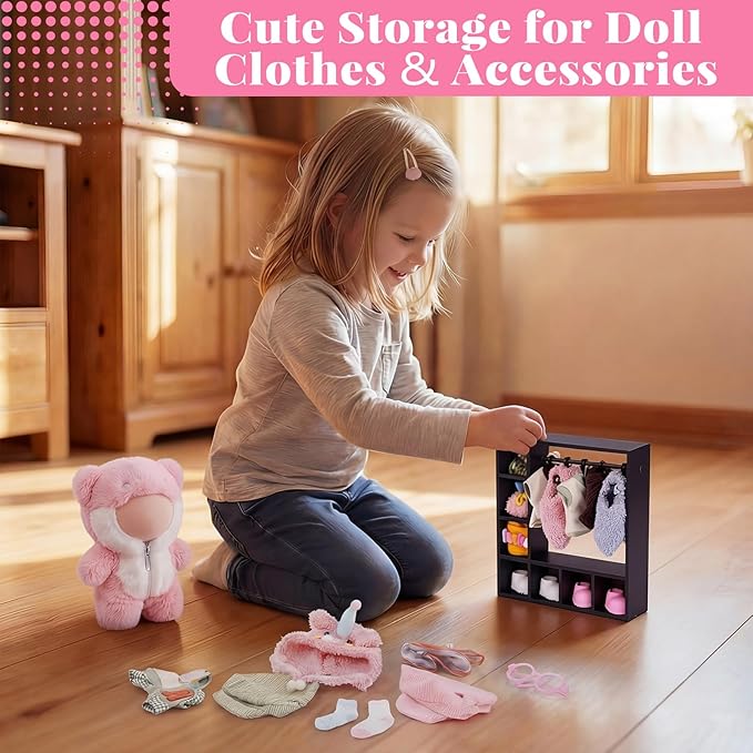 BABESIDE Doll Clothes Closet, Doll Clothes Storage with 2 Wardrobes & 20 Hangers, Doll Accessories Closet Set for 15/17 cm Dolls, Doll Closet Organizer Display (Pink & Black)