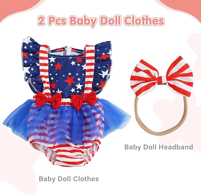 BABESIDE 2 Pcs Reborn Baby Doll Clothes for 17-22 Inch Babydolls, Reborn Doll Dress Accessories with Headband for Realistic Baby Dolls Girls, Stars and Stripes