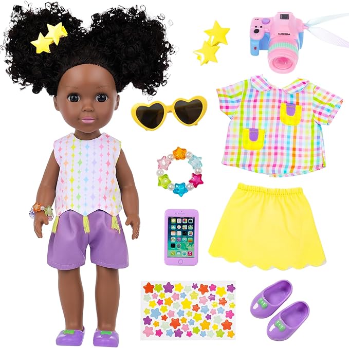 Ecore Fun 14.5 Inch Black Baby Doll, 12 Pcs Black Doll Clothes and Accessories, African Washable Realistic Silicone Girl Dolls Include Doll Clothes Shoes Phone Glasses Camera Hairpin Bracelet Stickers