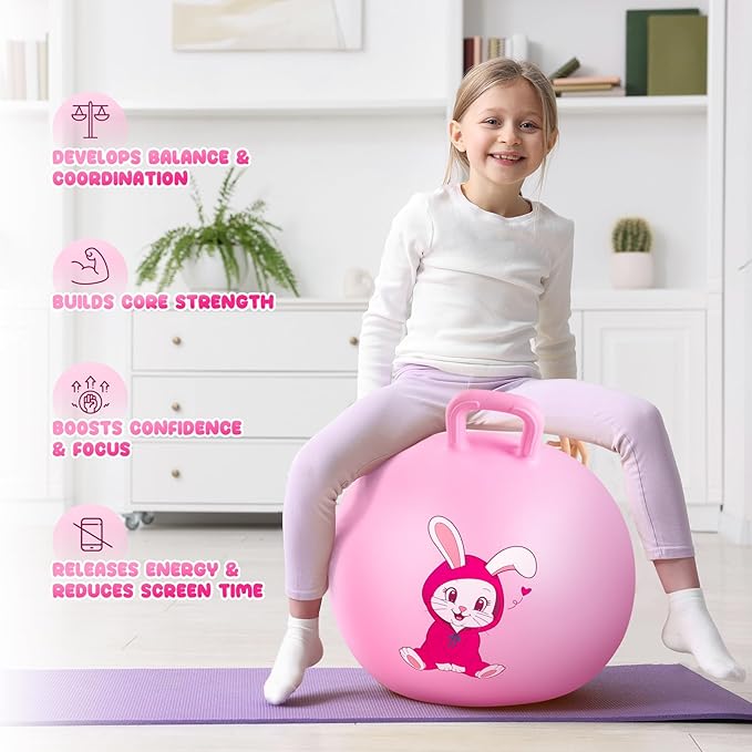 PlayZap Hopper Balls for Kids 3-8, 18 Inches Bouncy Ball with Handle, 18" Inflatable Bouncing Hopper, Pink Rabbit Jumping Toys, Garden Hopping Toys Girls Boys Easter Gifts