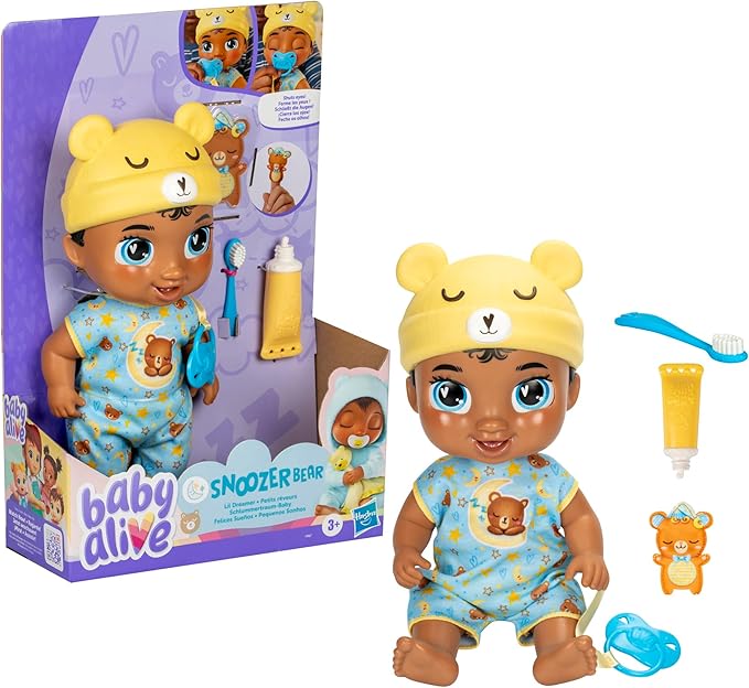 Baby Alive Lil Dreamer Snoozer Bear Sleepy Boy Baby Doll Set, Black Hair, Fun Sleepover Theme, Preschool Toys for Kids 3 Years & Up