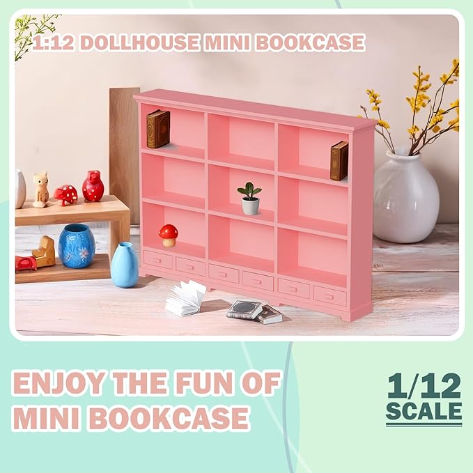 1:12 Scale Dollhouse Bookshelf, Classic Doll House Bookcase & Versatile Dollhouse Furniture Decor, Interesting Christmas & Birthday Gift for Kids