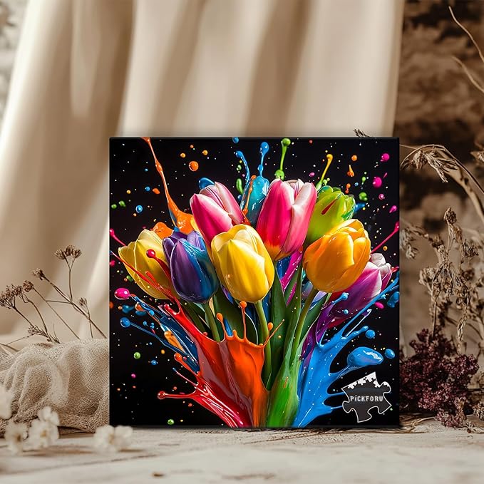 Gradient Tulips 1000 Piece Puzzle for Adults, PICKFORU Coloful Flowers Art Jigsaw Puzzles, Hard Challenging Spring Plant Theme as Wall Decor