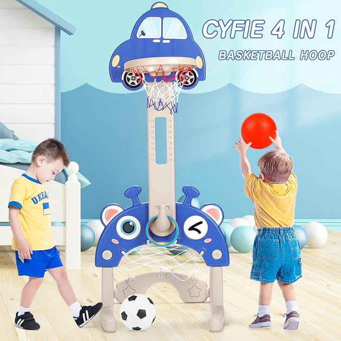 CYFIE Kids Basketball Hoop, 4-in-1 Height Adjustable Basketball Hoop, Football Goal, Golf and Ring Toss, Toddler Activity Center Set Toy Gifts for Girls Boys Sports Indoor Outdoor (Blue)
