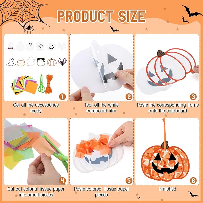 Feifeiya 24 Set Halloween Suncatcher Crafts with Tissue Paper DIY Stained Glass Effect Sun Catcher Kit Make Your Own Halloween Crafts Hanging Ornaments for Window Activity Creative Projects