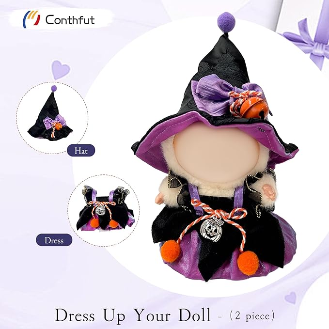 17cm Doll Clothes,Halloween Dress Witch Hat for Dolls Accessories,Clothes for Dolls Outfit,Halloween Clothes Set (No Doll)(Purple Dress+Hat)