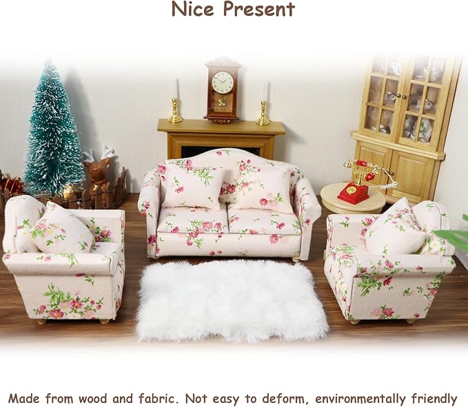 Dollhouse Couch Miniature Sofa with Pillows Dollhouse Living Room Funiture 1:12 Scale Model 3 Pcs High Simulation Upholstered Wooden Fabric Armchair Mini Room Artificial House Scene Decoration (Pink)
