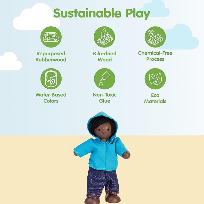 PlanToys® Boy Wooden Dollhouse Figurine | Poseable 1:12 Scale Mini Doll (4 Inch) | Dollhouse Accessories for Pretend Play | Eco-Friendly Montessori Toy for Kids Ages 3+