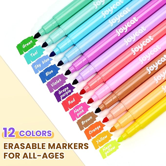 JoyCat 12 Pack Erasable Markers for Kids, Magic Double-Ended Pens with Color Tip & Eraser Tip, Water-Based No Bleed Art Markers, Creative Vanishing Markers for School Projects & Journaling