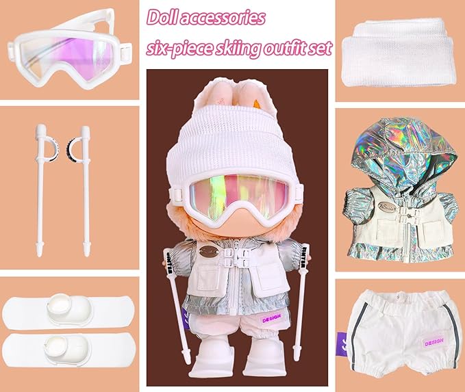 17cm Doll Clothes and Accessories Set for Lububu- Winter Snow Sports-Themed Ski Outfits with Mini Hat, Jacket, Pants, Poles, Goggles & Skiing, Designer Clothing for Big Into Energy Doll(White)