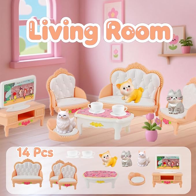 46Pcs Dollhouse Furniture Accessories Set Mini House Furniture Small Dollhouse Miniature Furniture Pretend Play House 1:12 Kitchen Bedroom Livingroom Bathroom Tiny Toy Boy Girl Kid Toddler (B Set)