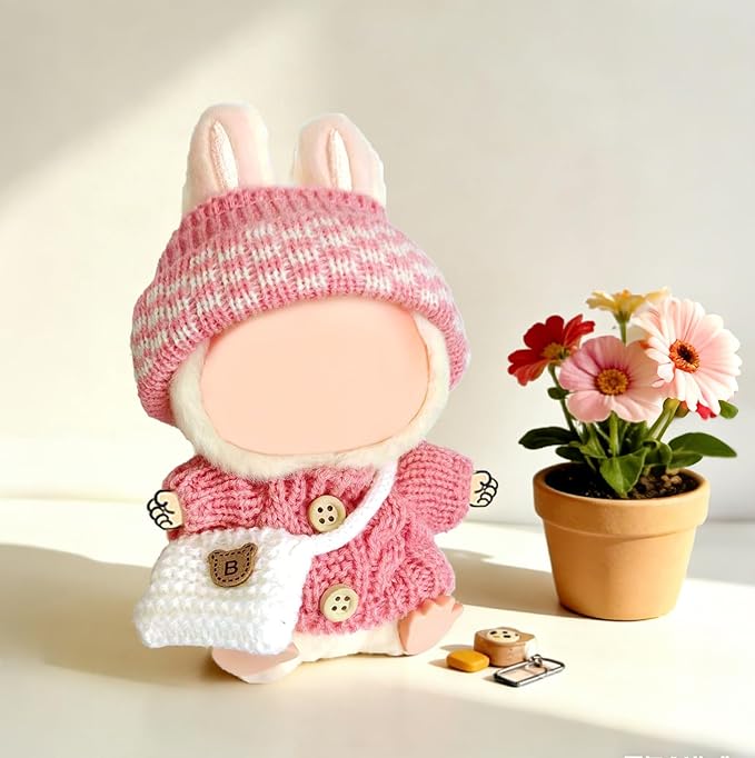 17cm Doll Clothes Set for Lububu, Designer Hand-Crocheted Rose Pink Sweater Outfit with Hat & Crossbody Bag，Cute Ropa Clothing and Accessories for 15cm Have a Seat Series Dolls Girl Dress-Up