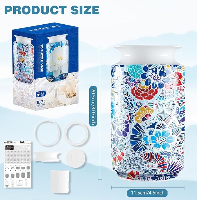3D Puzzle Vase, 162 Curved Pieces DIY Flower Vase Craft Kit & 3D Puzzles for Adults, Creative Jigsaw Art Project Home Décor Centerpiece, (D-Blue Blossom)