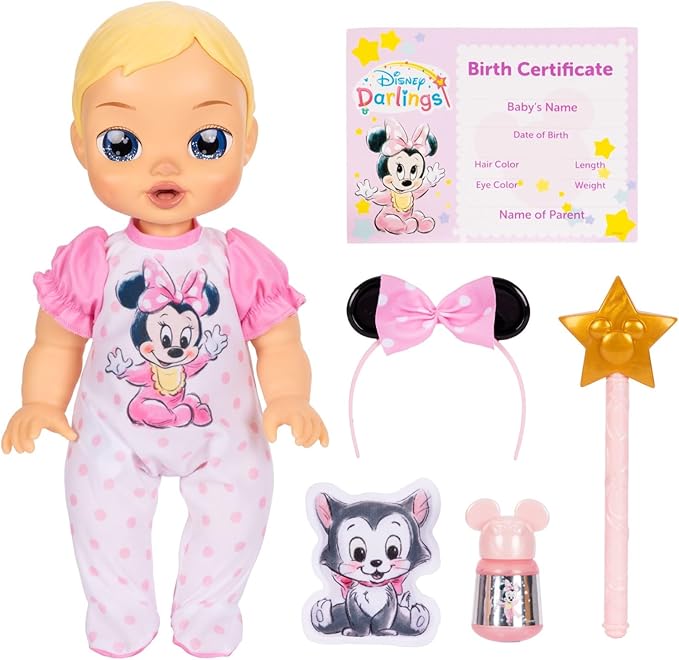 Disney Darlings 13-Inch Interactive Baby Doll – Magical Lights, Sounds, Music & Wand – Minnie-Inspired Nurturing Doll with Accessories – Multiple Skin Tones, Eye Colors – Ages 2 and Up