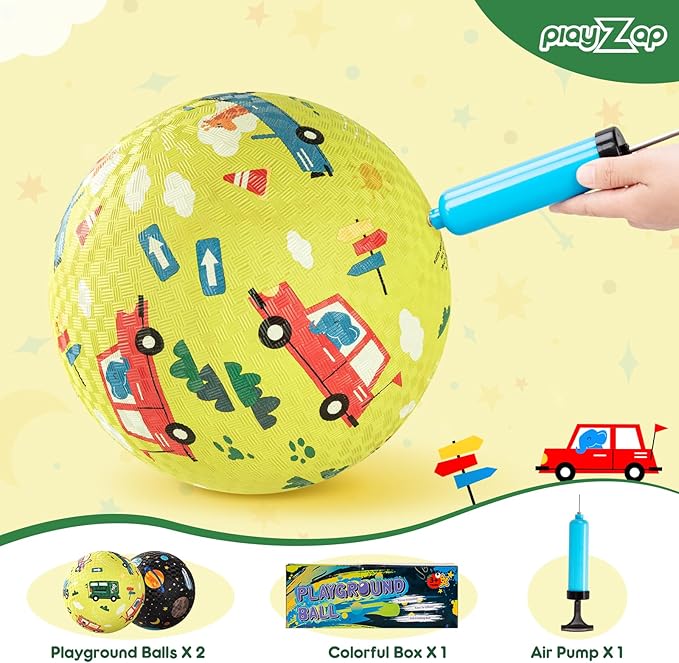 PlayZap 2 Pack Playground Balls for Kids, Planet & Vehicle Cars Kickballs for Toddlers 3-8, 8.5 in Rubber Balls with Pump, Indoor & Outdoor Dodgeball Toys for Boys & Girls Gifts