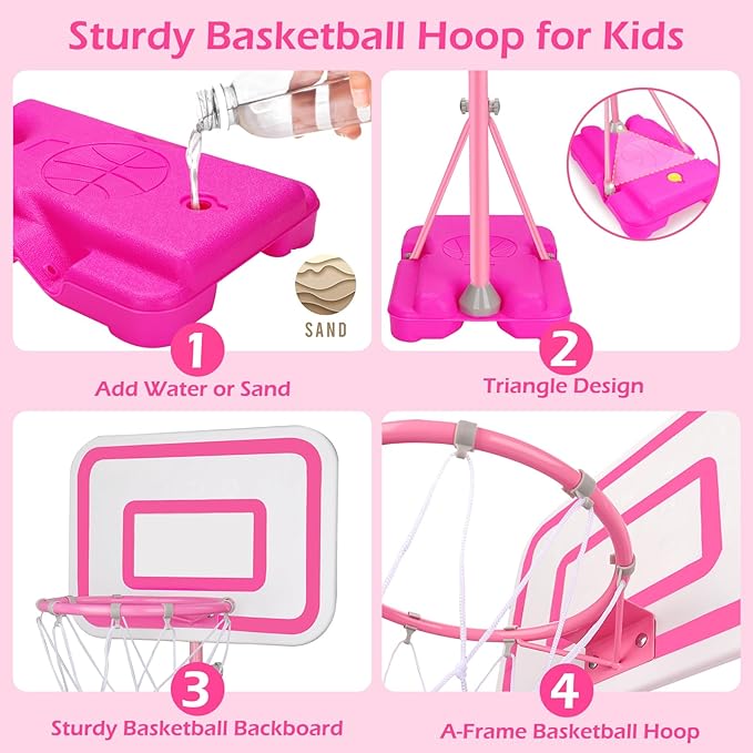 Toddler Basketball Hoop for Girls Pink Basketball Goals Adjustable Height 2.9ft-6.2ft Kids Basketball Hoop Indoor Outdoor Play Outside Backyard Toys for 3 4 5 6 Year Old Girl Birthday Easter Gifts