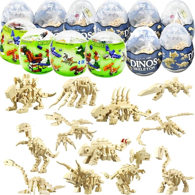 UMEELR 12Pcs Pre Filled Easter Eggs Dinosaur Skeleton Building Blocks, 12 in 1 Easter Eggs for Kids Easter Egg Hunt, Easter Basket Stuffers Filler, Easter Party Favor Supplies