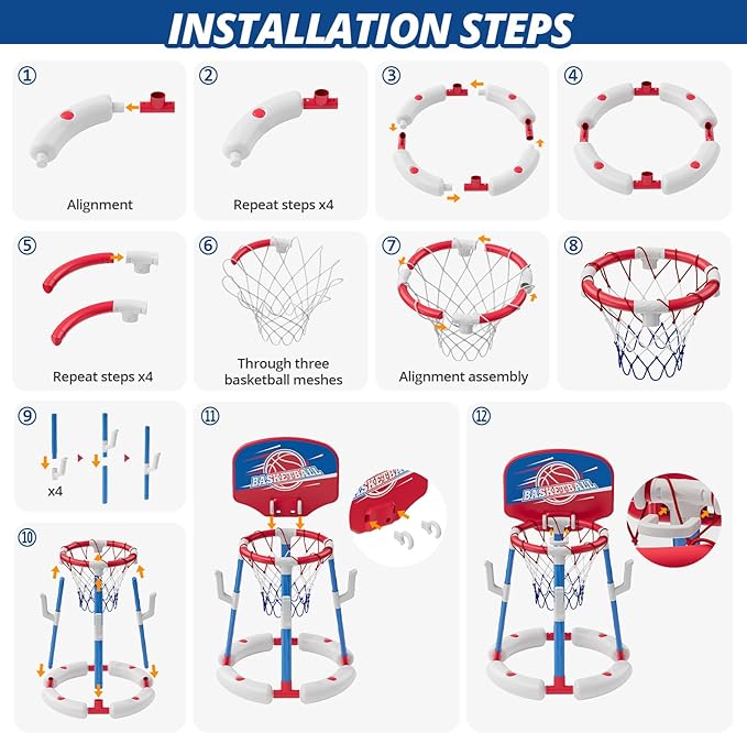 2 in 1 Pool Basketball Hoop with Backboard & Ring Toss Game, Floating Pool Toy - Anti-Tip Stable Base - with 4 Balls/8 Rings/Pump - Summer Water Indoor Outdoor Toy Gifts for Kids 4-8 & Adults, Red