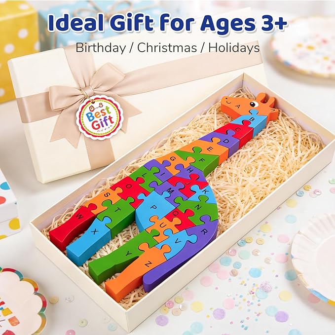 LovesTown Wooden Puzzles for Kids, Double Sided Giraffe Jigsaw with Alphabet & Numbers, Montessori Educational Toy for Toddlers, Chunky Animal Gift (Pack of 2)