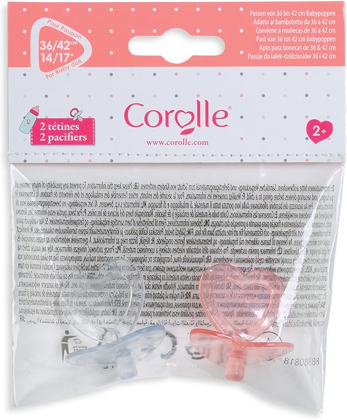 Corolle - Heart Shaped Doll Pacifier Accessory for 14-17" Dolls, 2 Pack, Clear/Pink (140370)