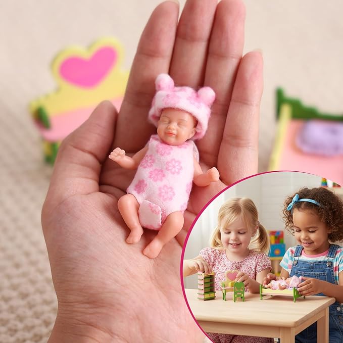 BABESIDE Mini Silicone Baby Dolls, 3 Inch Realistic Newborn Baby Dolls Full Silicone Sleeping Little Mini Real Life Baby Girl Miniature Baby with Playset Accessories(Pink)
