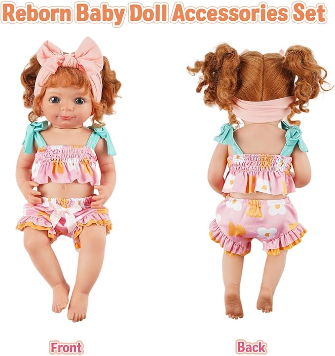 BABESIDE 7-Piece Reborn Baby Doll Clothes Set for 16–20 Inch Dolls, Washable Floral Outfit for Realistic Babydoll with Hat, Bag and Headband, Baby Doll Accessories Pretend Play Set for Kids