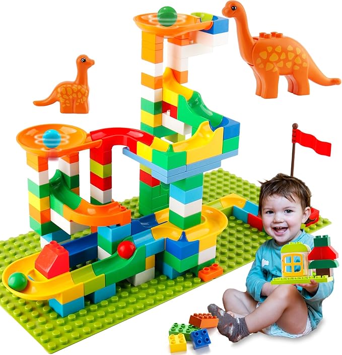 Marble Run Building Blocks for Kids, 145 PCS Building Bricks Construction Toys with Step-by-Step Guide, STEM Toy Track Compatible with Major Brands for Age 3 4 5 6 7 8+ Boys Girls Birthdays