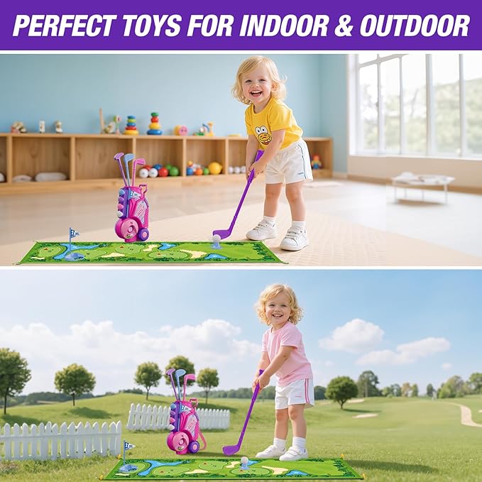 Toddler Golf Set 2-4 Years, Kids Golf Club with 8 Balls, 4 Plastic Clubs, Putting Mat, Scoreboard, Storage Bag, Indoor Outdoor Game with Golf Cart Sport Toy Gift for Baby Boys Girls Age 3-5, Pink