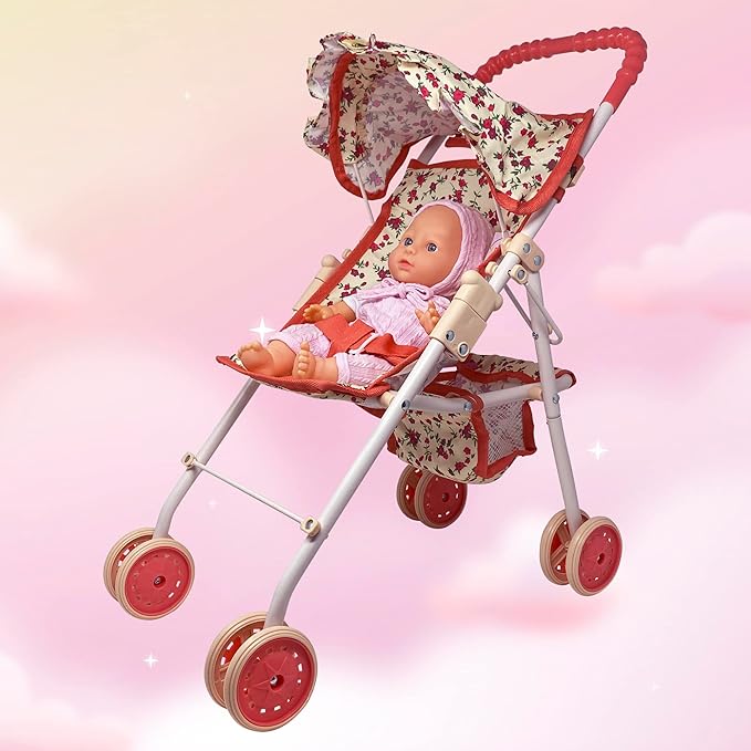 My First Baby Doll Stroller for Toddlers 3 Year Old Girls, Little Kids | Toy Stroller with Bottom Storage Basket, Foldable Frame, Canopy, Seatbelt