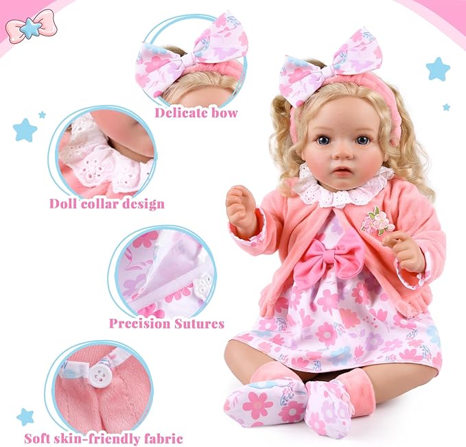 BABESIDE 5-Piece Reborn Baby Doll Clothes Set Fits 17-22 Inch Dolls with Floral Dress, Headband, Coat, Baby Doll Reusable Diaper and Socks,Pretend Play Accessories for Ages 3+