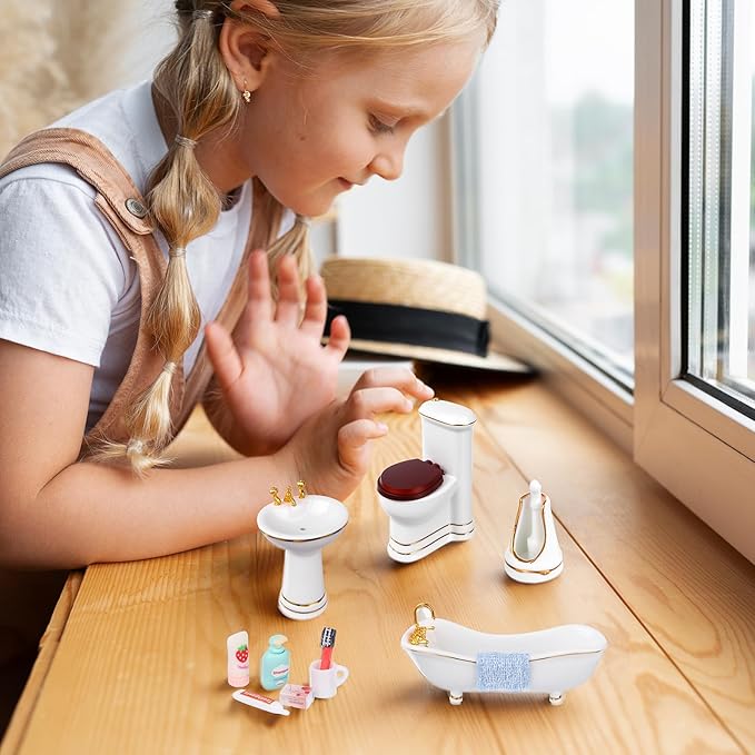 1:12 Dollhouse Miniature Porcelain Bathroom Set 5Pcs White Ceramic Toilet Basin Bathtub Mirror Miniature Furniture with 15Pcs Doll Accessories Comb,Bathball,Water Cup,Toothbrush Toothpaste