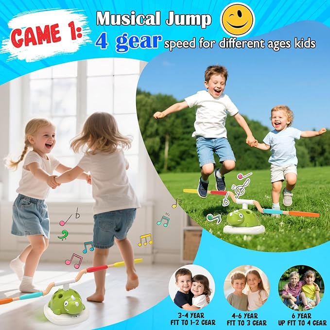 Indoor Outdoor Games for Kids, 3 in 1 Musical Jump, Ring Toss Game & Stomping Rocket Launcher for Kids, Dinosaur Sports & Outside Play Activities Toys with Remote Control for Toddlers 4-8