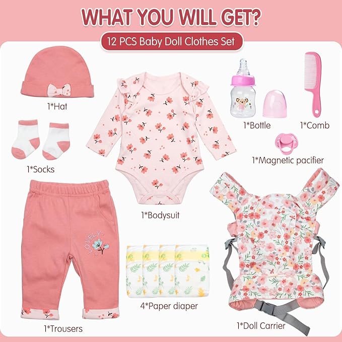 12 Pcs Reborn Baby Doll Clothes Accessories for 20-22 Inch Girl Reborn Dolls Clothes Pink Outfits with Toddler Doll Carrier (Pink)