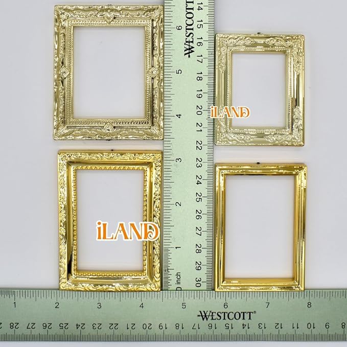 iLAND Miniature Dollhouse Accessories for Dollhouse Furniture on 1:12 Scale, Dollhouse Frames w/Printed Classic Paintings Set (4 Bright Golden Frames & Pictures)