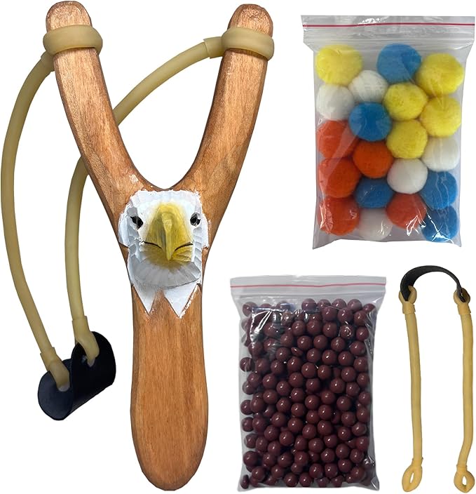 LINJAY Wooden Eagle Slingshot with 20 Pom Poms and Clay Balls, Handmade Carved Design, Indoor Outdoor Games for Kids, 7.3 x 3.54 Inch