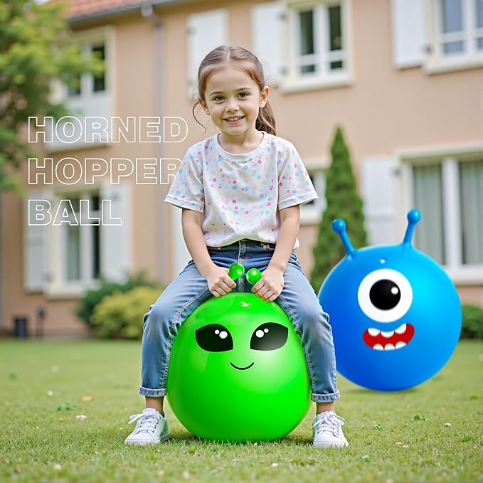 ZOOJOY Hopper Ball 2 Pack, 18In Bouncy Ball with Handle, Alien & Monste Horn Hop Balls Girls Boys Toys for for Sport/School/Team, Inflatable Kids Gifts for 3 4 5 6 7 8 Yr Old for Indoor Outdoor Game