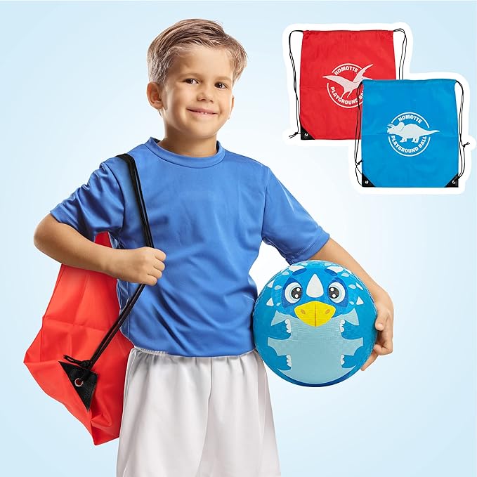 Kickball for Kids and Toddlers 1-3, 2 Pack Big 8.5 Inch Rubber Balls for Playground, Outdoor Bouncing Balls w/Pump and Dinosaur Themed Drawstring Bags, Child Ball Gift for Boys Girls