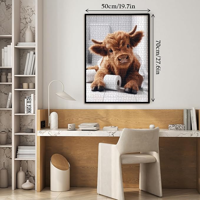 Funny Highland Cow Puzzles for Adults 1000 Pieces, Cute Animal Bathroom Cattle Jigsaw Puzzle, Art Challenging Toilet Paper Calf Puzzle