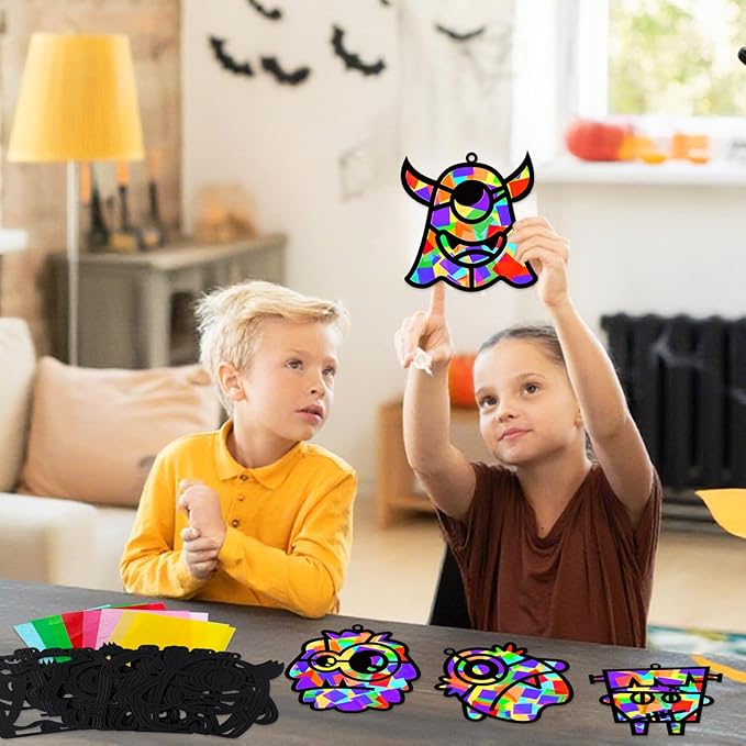 32 Sets Halloween Monster Suncatchers Craft Kit DIY Window Stained Glass Effect Halloween Monster Paper Crafts Home School Classroom Decoration Kid Birthday Gift Creative Art Project Activity Game