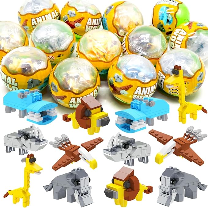 UMEELR 12 Pcs Prefilled Eggs with Zoo Animal, Easter Surprise Building Blocks Toys for Kids Party Favors, Basket Stuffers, Basket Filler, Gifts, Egg Prizes