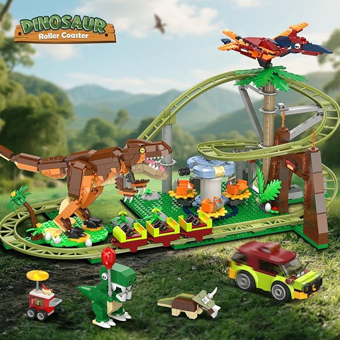 HOGOKIDS Dinosaur Roller Coaster Building Set - 1222 PCS Roller Coaster Building Toy with 4 Dinosaur, Off-Road Vehicle, Food Cart, Dinosaur Models Playset, Gifts for Adults Girls Boys Ages 8-12 Years