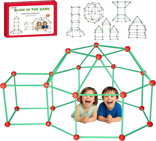 Awsoo Fort Building Kit for Kids 3 4 5 6 7 Glow in The Dark STEM Building Toys Indoor Outdoor Play Tent for Kids Construction Toys with 52 Poles and 24 Connecting Ball